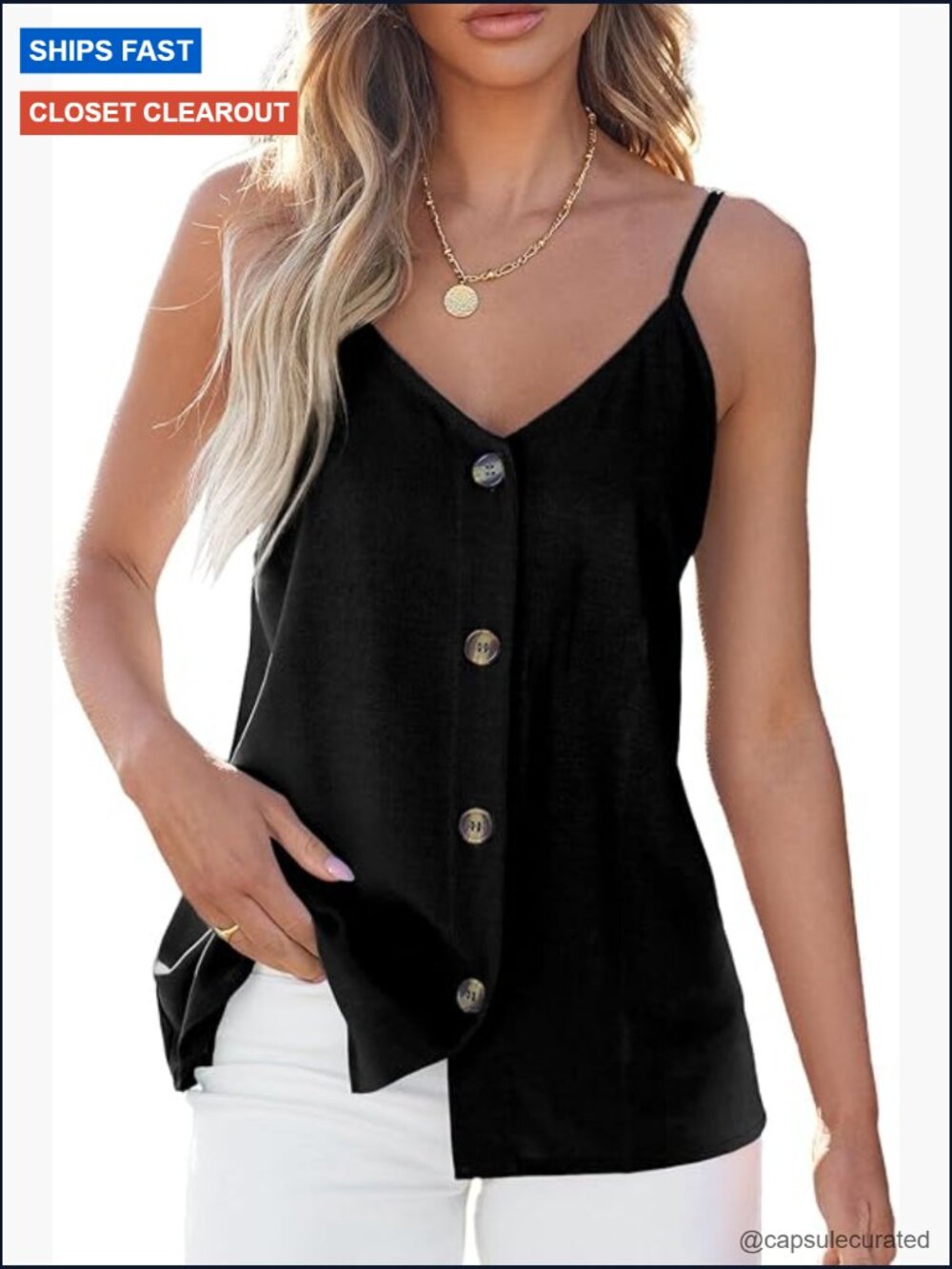 Strappy V Neck Button Tank Top Woven Sleeveless Blouse Beach Shirt